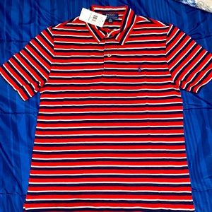 Polo Ralph Lauren button up short sleeve . RED with navy blue and white stripes